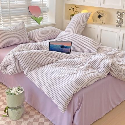 91家纺网 家纺一手货源 找家纺 无印风双层纱水洗棉麻竖条纹四件套 丁香紫条