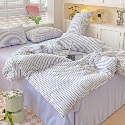 91家纺网 家纺一手货源 找家纺 无印风双层纱水洗棉麻竖条纹四件套 奶油蓝条