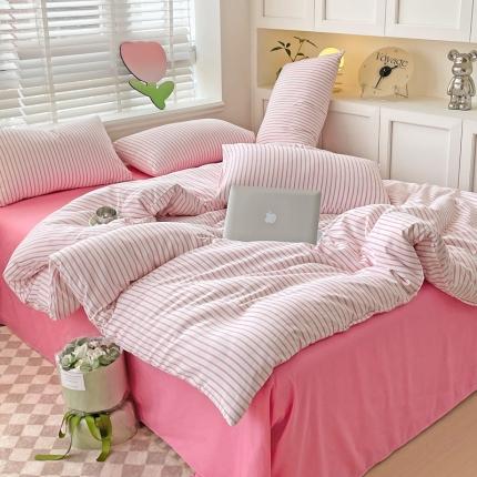 91家纺网 家纺一手货源 找家纺 （总）无印风双层纱水洗棉麻竖条纹四件套