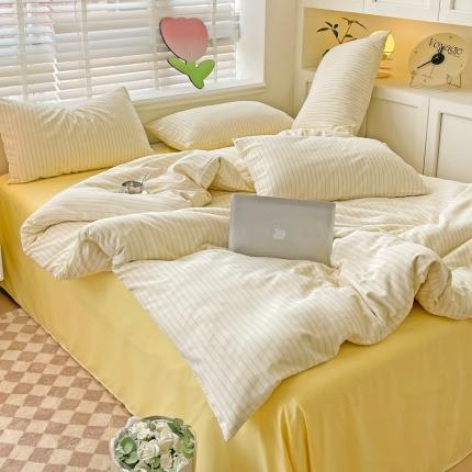 91家纺网 家纺一手货源 找家纺 （总）无印风双层纱水洗棉麻竖条纹四件套