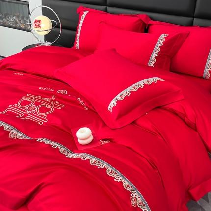 婚庆100支贡缎长绒棉四件套全棉纯棉刺绣结婚床单被套红色床笠款床上用品