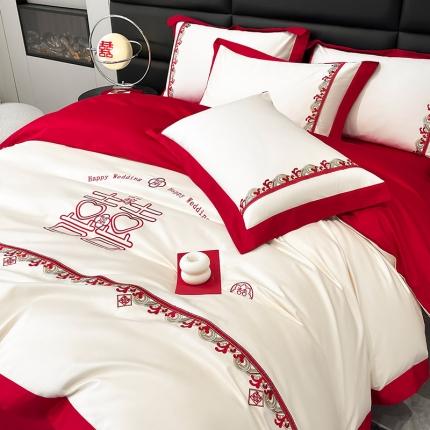 婚庆100支贡缎长绒棉四件套全棉纯棉刺绣结婚床单被套红色床笠款床上用品