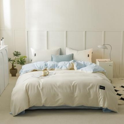 91家纺网 家纺一手货源 找家纺 佳汐蓝 2023新款无印水洗棉四件套 白+天空蓝