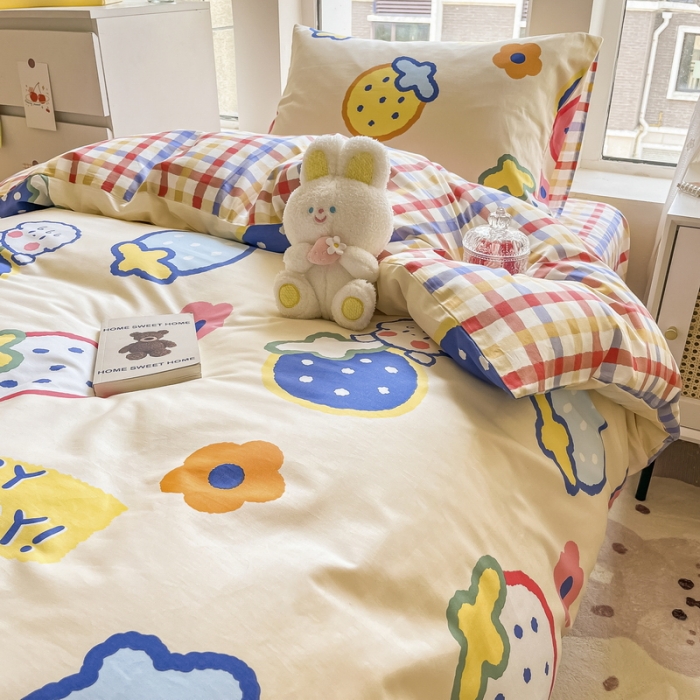 91家纺网 家纺一手货源 找家纺 蓝邻 2023新款学生季全棉三件套四件套-印花系列 果缤纷