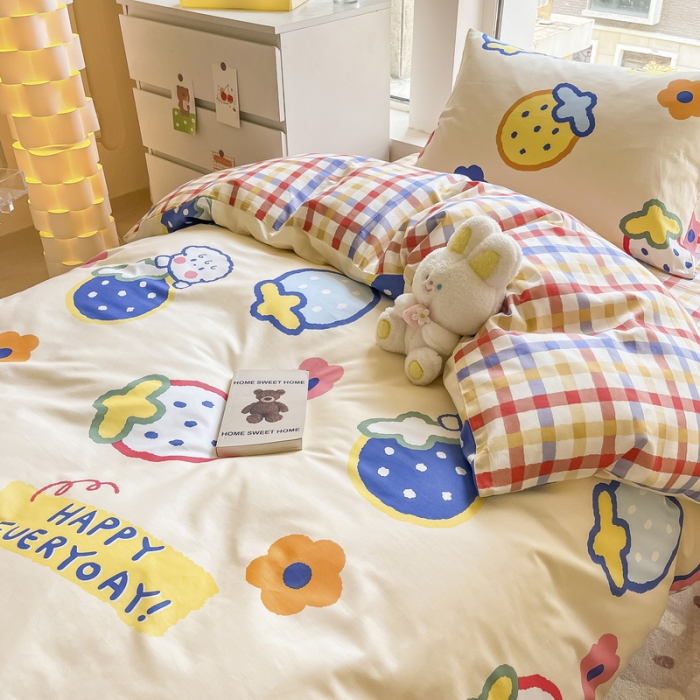 91家纺网 家纺一手货源 找家纺 蓝邻 2023新款学生季全棉三件套四件套-印花系列 果缤纷