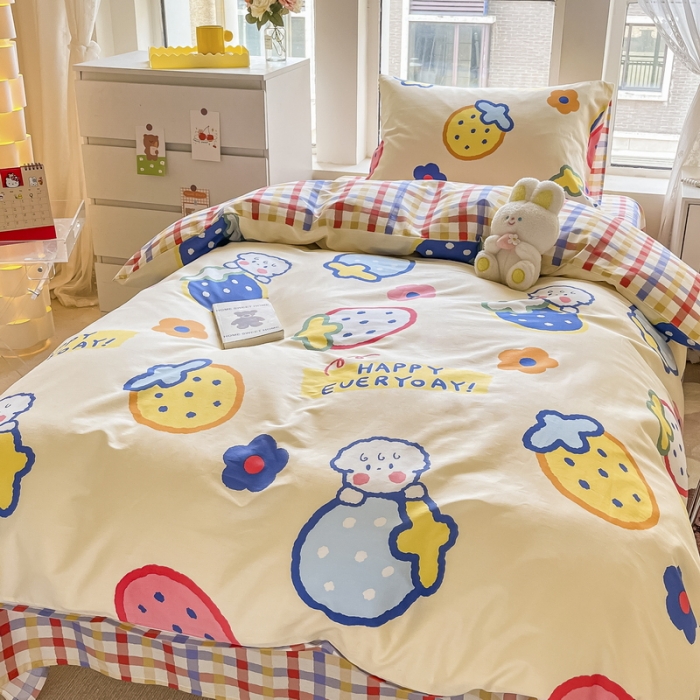 91家纺网 家纺一手货源 找家纺 蓝邻 2023新款学生季全棉三件套四件套-印花系列 果缤纷