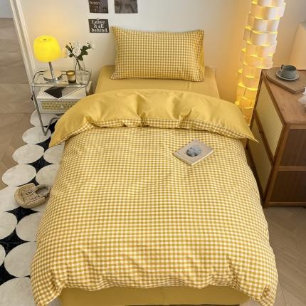 91家纺网 家纺一手货源 找家纺 蓝邻 2023新款学生季全棉色织水洗棉三件套四件套 黄小格