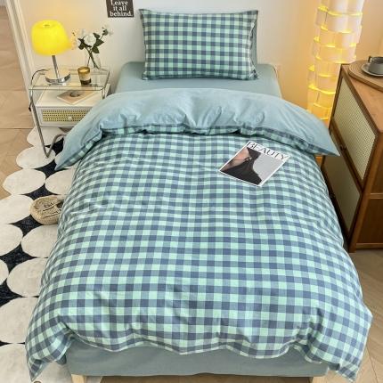 91家纺网 家纺一手货源 找家纺 蓝邻 2023新款学生季全棉色织水洗棉三件套四件套 绿灰小格