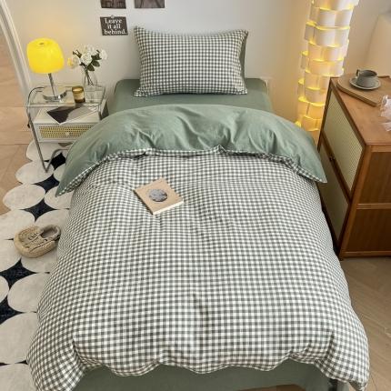 91家纺网 家纺一手货源 找家纺 蓝邻 2023新款学生季全棉色织水洗棉三件套四件套 绿小格