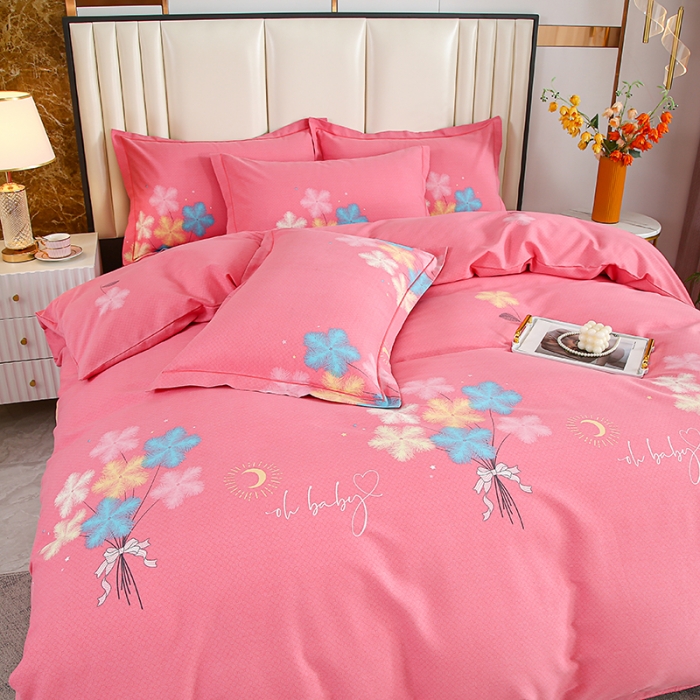 91家纺网 家纺一手货源 找家纺 畅畅 2024爆款全棉喷气活性印花磨毛四件套 YY情语叶-粉