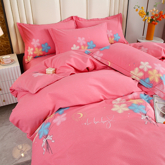 91家纺网 家纺一手货源 找家纺 畅畅 2024爆款全棉喷气活性印花磨毛四件套 YY情语叶-粉