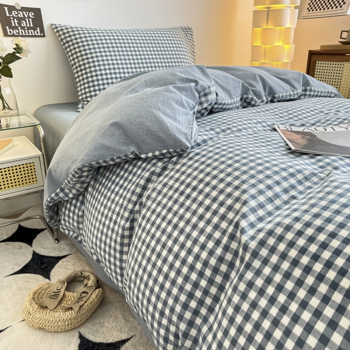 91家纺网 家纺一手货源 找家纺 蓝邻 2023新款学生季全棉色织水洗棉三件套四件套 海兰小格