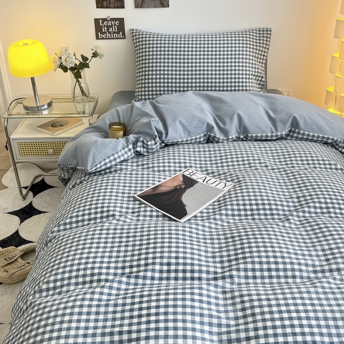 91家纺网 家纺一手货源 找家纺 蓝邻 2023新款学生季全棉色织水洗棉三件套四件套 海兰小格