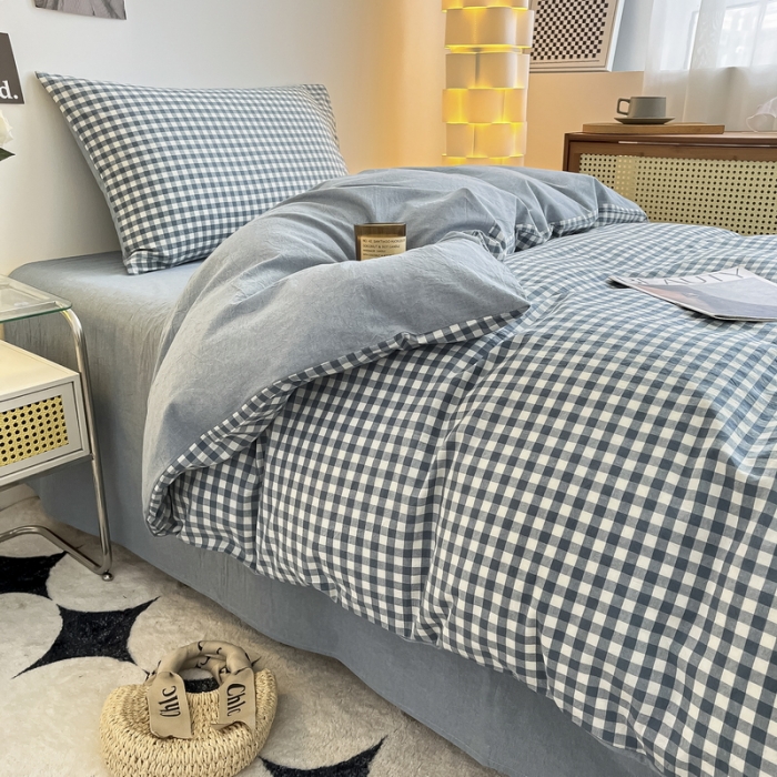 91家纺网 家纺一手货源 找家纺 蓝邻 2023新款学生季全棉色织水洗棉三件套四件套 海兰小格