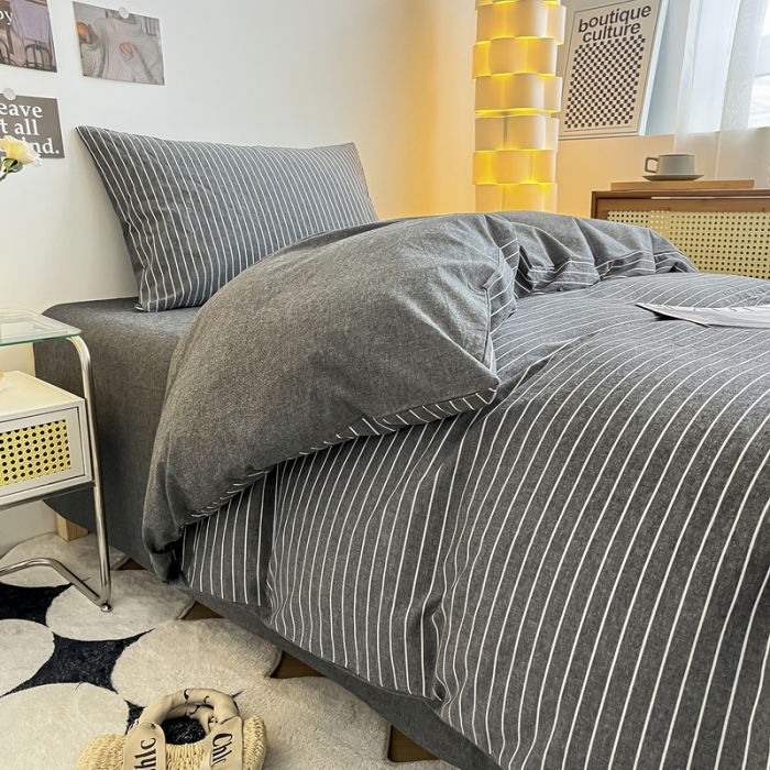 91家纺网 家纺一手货源 找家纺 蓝邻 2023新款学生季全棉色织水洗棉三件套四件套 灰细条