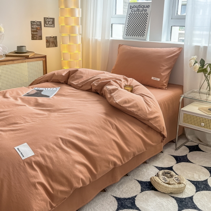 91家纺网 家纺一手货源 找家纺 蓝邻 2023新款学生季全棉色织水洗棉三件套四件套 焦糖色