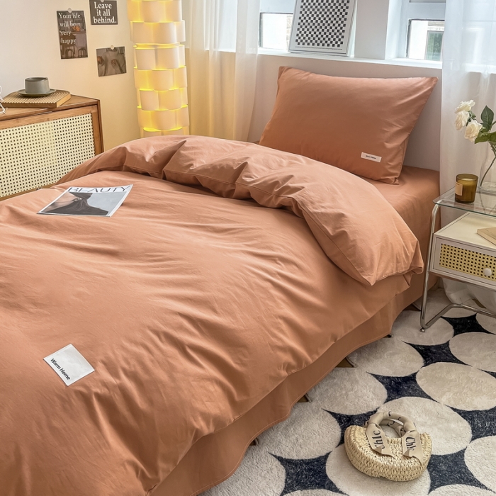 91家纺网 家纺一手货源 找家纺 蓝邻 2023新款学生季全棉色织水洗棉三件套四件套 焦糖色