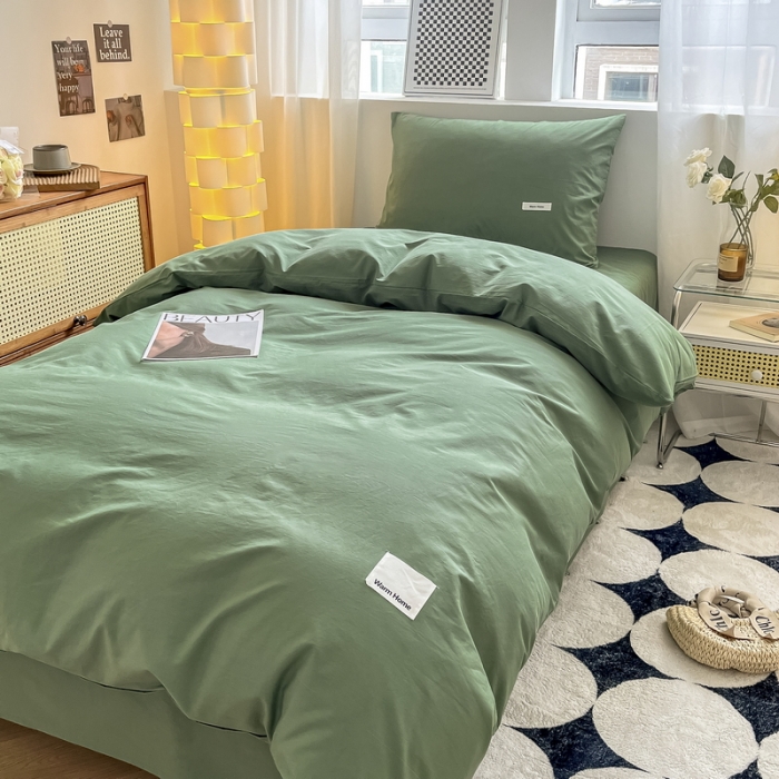 91家纺网 家纺一手货源 找家纺 蓝邻 2023新款学生季全棉色织水洗棉三件套四件套 时尚绿