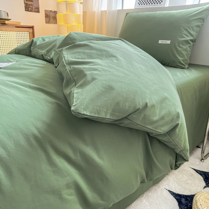 91家纺网 家纺一手货源 找家纺 蓝邻 2023新款学生季全棉色织水洗棉三件套四件套 时尚绿