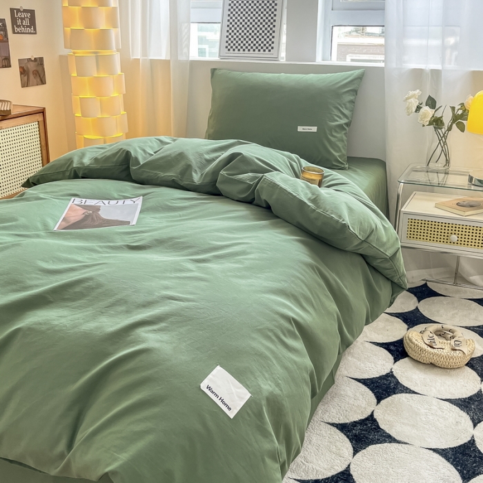 91家纺网 家纺一手货源 找家纺 蓝邻 2023新款学生季全棉色织水洗棉三件套四件套 时尚绿