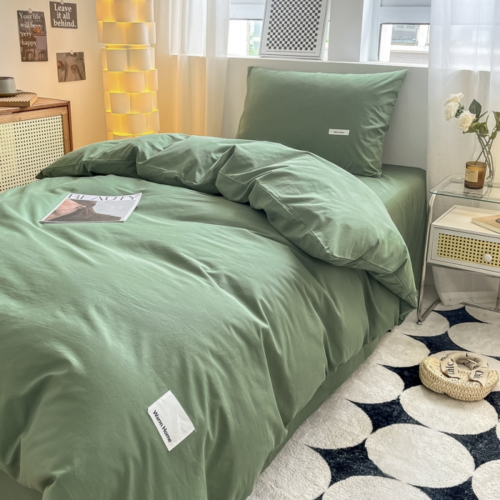 91家纺网 家纺一手货源 找家纺 蓝邻 2023新款学生季全棉色织水洗棉三件套四件套 时尚绿