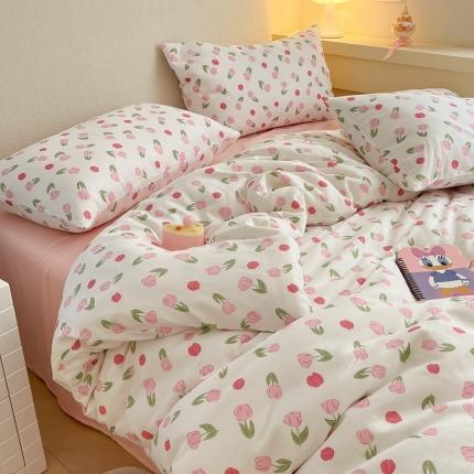 91家纺网 家纺一手货源 找家纺 川悦生活 2023新款全棉双层纱印花四件套 蜜甜-粉