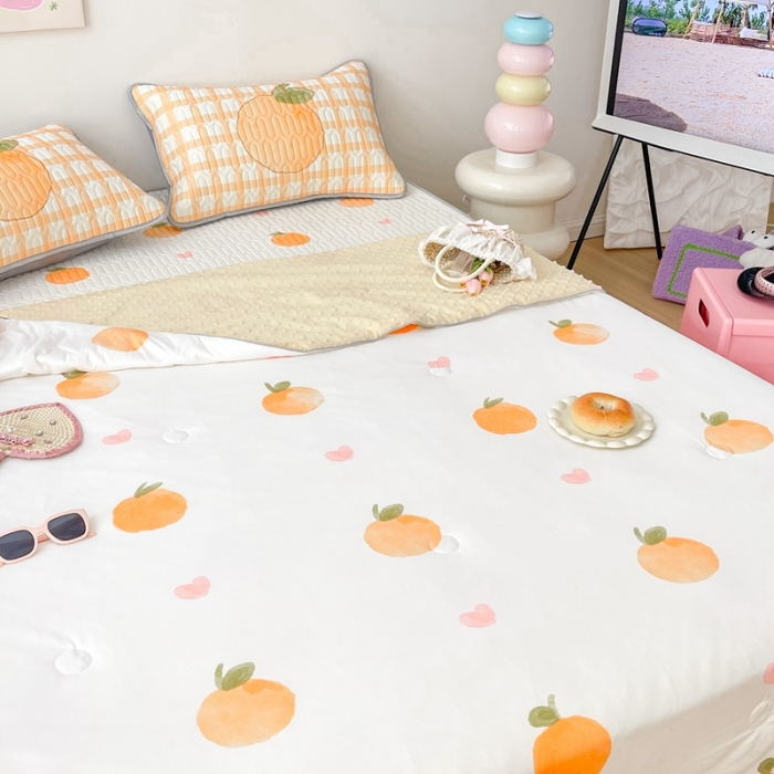 91家纺网 家纺一手货源 找家纺 顾里家纺 2023新款凉席豆豆夏被套件 爱心桔子