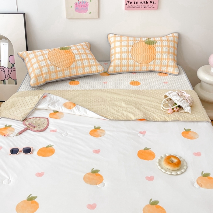 91家纺网 家纺一手货源 找家纺 顾里家纺 2023新款凉席豆豆夏被套件 爱心桔子