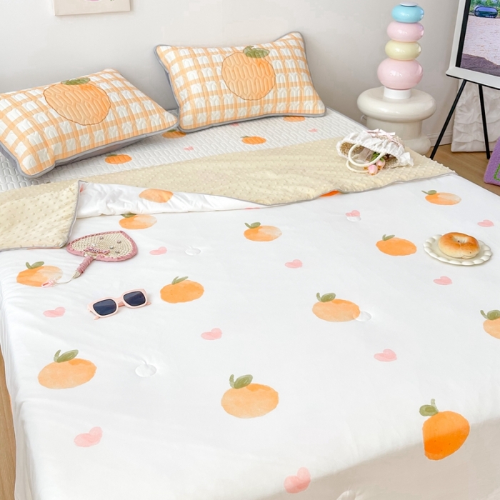 91家纺网 家纺一手货源 找家纺 顾里家纺 2023新款凉席豆豆夏被套件 爱心桔子