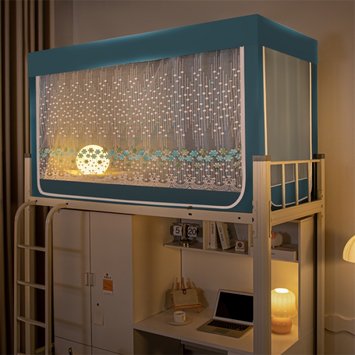 91家纺网 家纺一手货源 找家纺 千逸虹 2024新款强遮光布料刺绣纱上下铺帐纱 墨绿