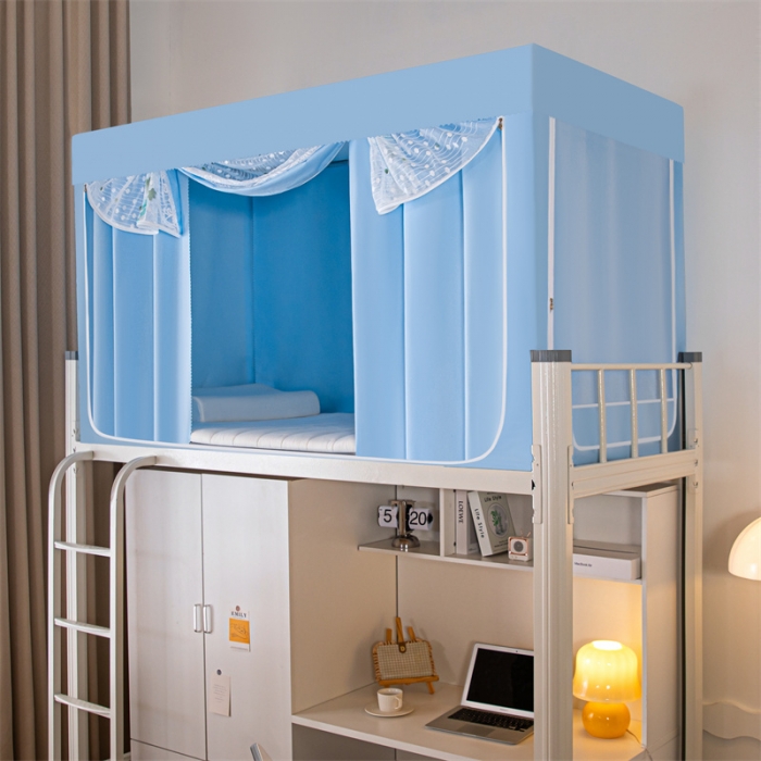 91家纺网 家纺一手货源 找家纺 千逸虹 2024新款强遮光布料刺绣纱上下铺帐纱 天蓝