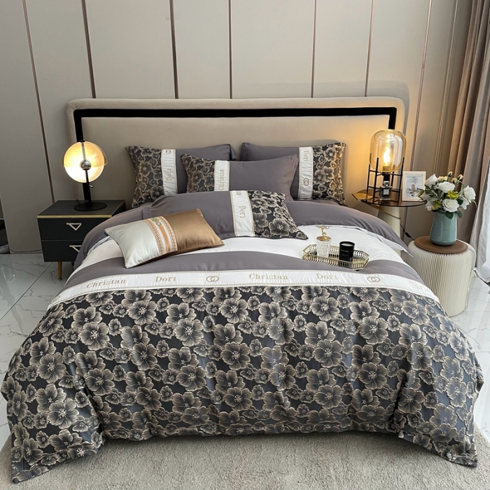 91家纺网 家纺一手货源 找家纺 布可家纺 2025新款轻奢精致浮雕刺绣提花四件套 玫瑰-高级灰