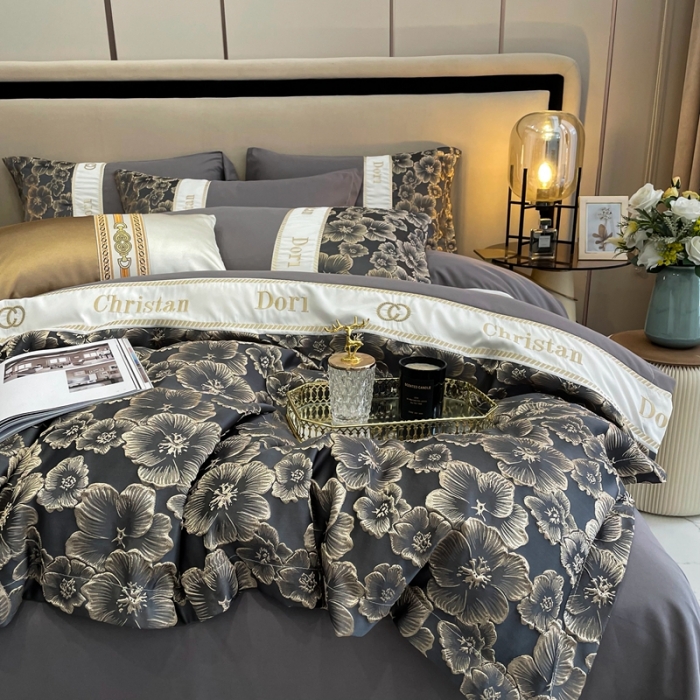 91家纺网 家纺一手货源 找家纺 布可家纺 2025新款轻奢精致浮雕刺绣提花四件套 玫瑰-高级灰