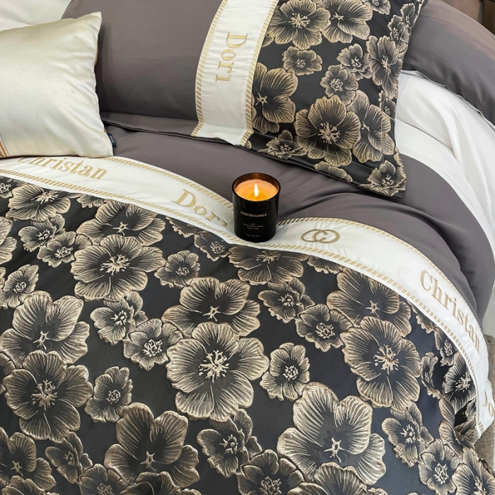 91家纺网 家纺一手货源 找家纺 布可家纺 2025新款轻奢精致浮雕刺绣提花四件套 玫瑰-高级灰