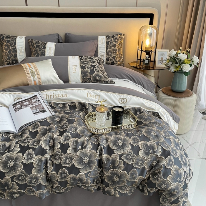 91家纺网 家纺一手货源 找家纺 布可家纺 2025新款轻奢精致浮雕刺绣提花四件套 玫瑰-高级灰