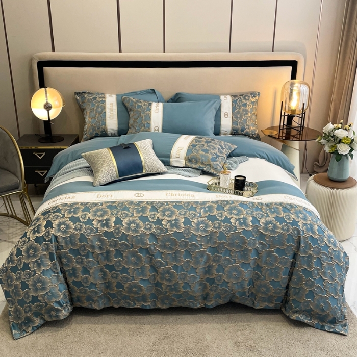 91家纺网 家纺一手货源 找家纺 布可家纺 2025新款轻奢精致浮雕刺绣提花四件套 玫瑰-星海蓝