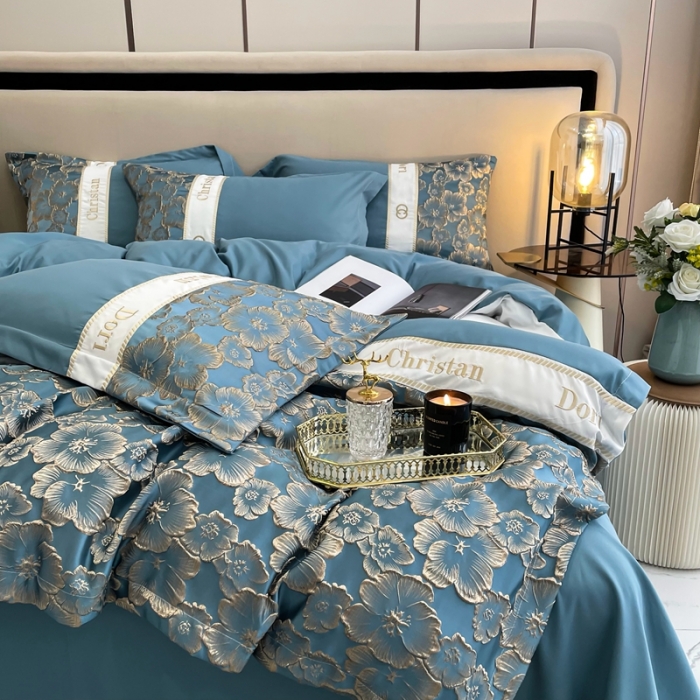 91家纺网 家纺一手货源 找家纺 布可家纺 2025新款轻奢精致浮雕刺绣提花四件套 玫瑰-星海蓝