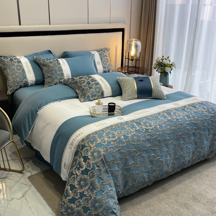 91家纺网 家纺一手货源 找家纺 布可家纺 2025新款轻奢精致浮雕刺绣提花四件套 玫瑰-星海蓝