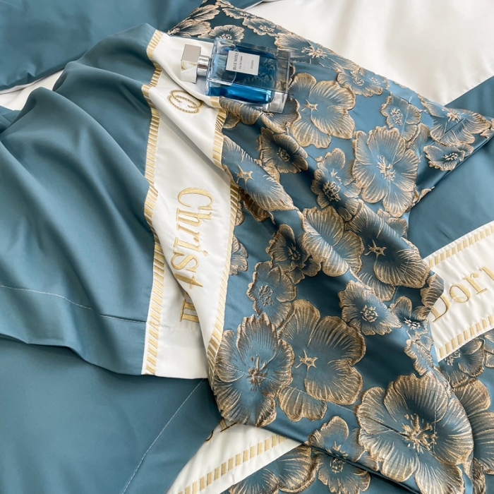 91家纺网 家纺一手货源 找家纺 布可家纺 2025新款轻奢精致浮雕刺绣提花四件套 玫瑰-星海蓝