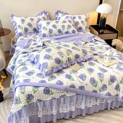 91家纺网 家纺一手货源 找家纺 A类母婴级双层纱水洗棉麻床盖款夏被四件套蕾丝床裙款夹棉床盖三件套空调被