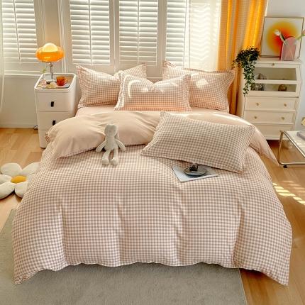 好亿来家纺 2025新款无印风植物羊绒加厚斜纹磨毛单被套 浅咖小格