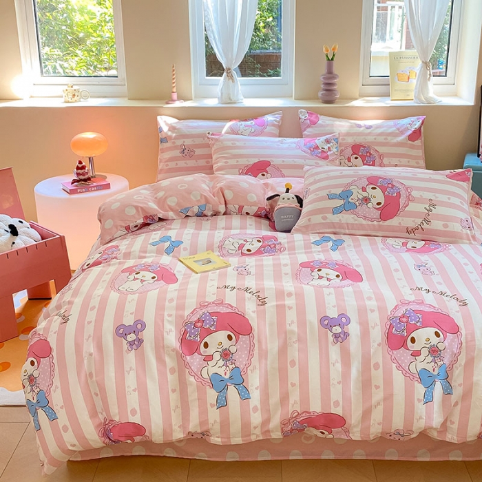 91家纺网 家纺一手货源 找家纺 金爱家 2023新款三丽鸥正版授权纯棉印花系列四件套 甜甜美乐蒂