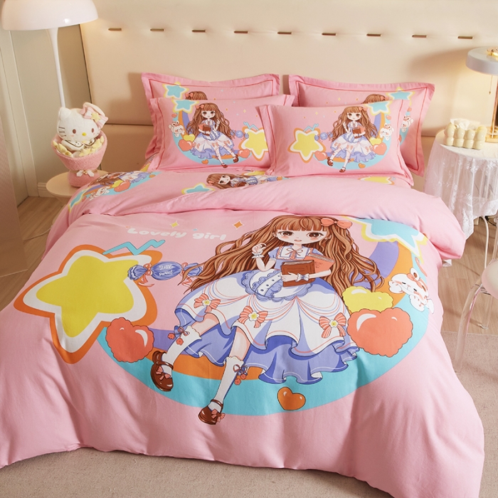 91家纺网 家纺一手货源 找家纺 格里芬家纺 2023新款全棉大版磨毛纯棉生态磨毛四件套 黛西公主-粉