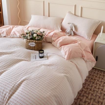 91家纺网 家纺一手货源 找家纺 安莱 2023新款韩式小清新色织水洗棉提花花边四件套 锦瑟 粉