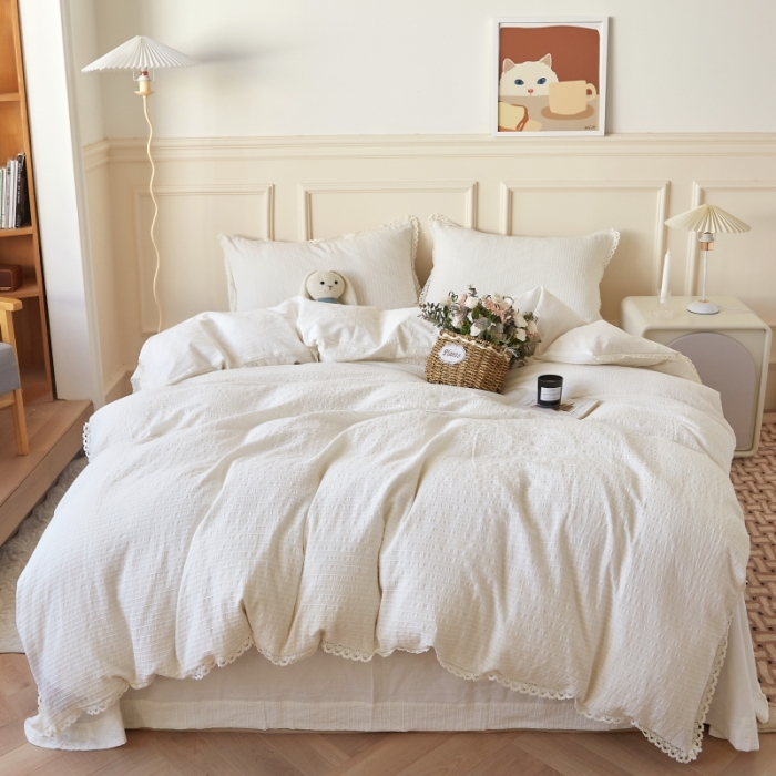 91家纺网 家纺一手货源 找家纺 安莱 2023新款韩式小清新色织水洗棉提花花边四件套 锦瑟 白