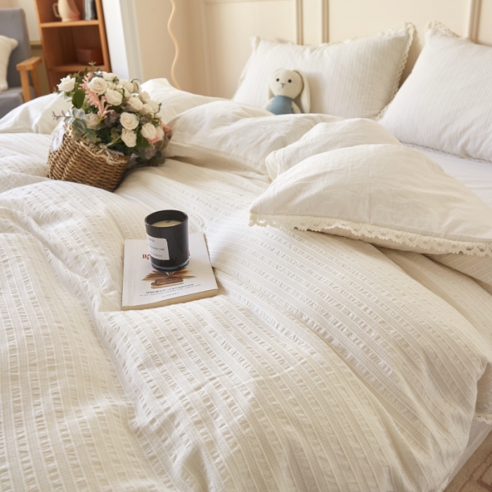 91家纺网 家纺一手货源 找家纺 安莱 2023新款韩式小清新色织水洗棉提花花边四件套 锦瑟 白