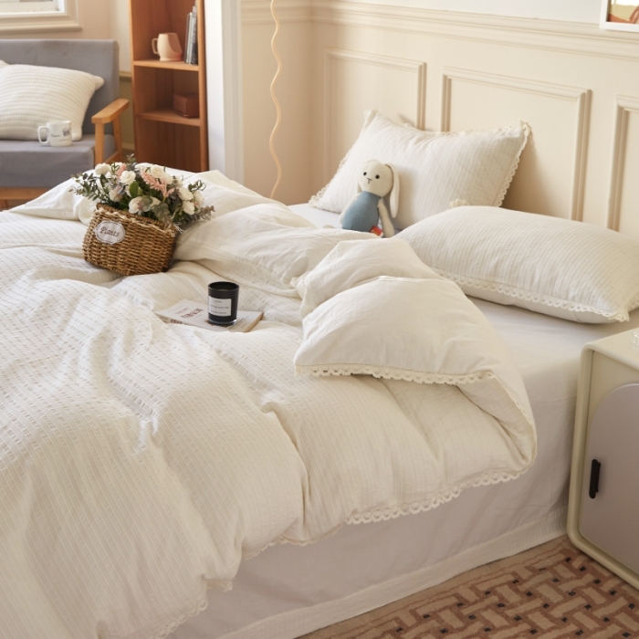 91家纺网 家纺一手货源 找家纺 安莱 2023新款韩式小清新色织水洗棉提花花边四件套 锦瑟 白
