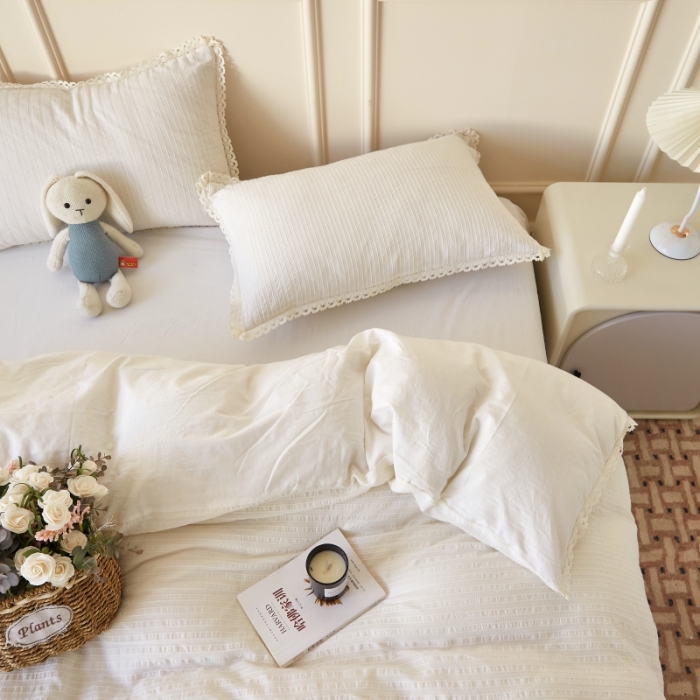 91家纺网 家纺一手货源 找家纺 安莱 2023新款韩式小清新色织水洗棉提花花边四件套 锦瑟 白
