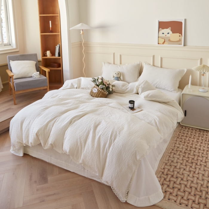 91家纺网 家纺一手货源 找家纺 安莱 2023新款韩式小清新色织水洗棉提花花边四件套 锦瑟 白