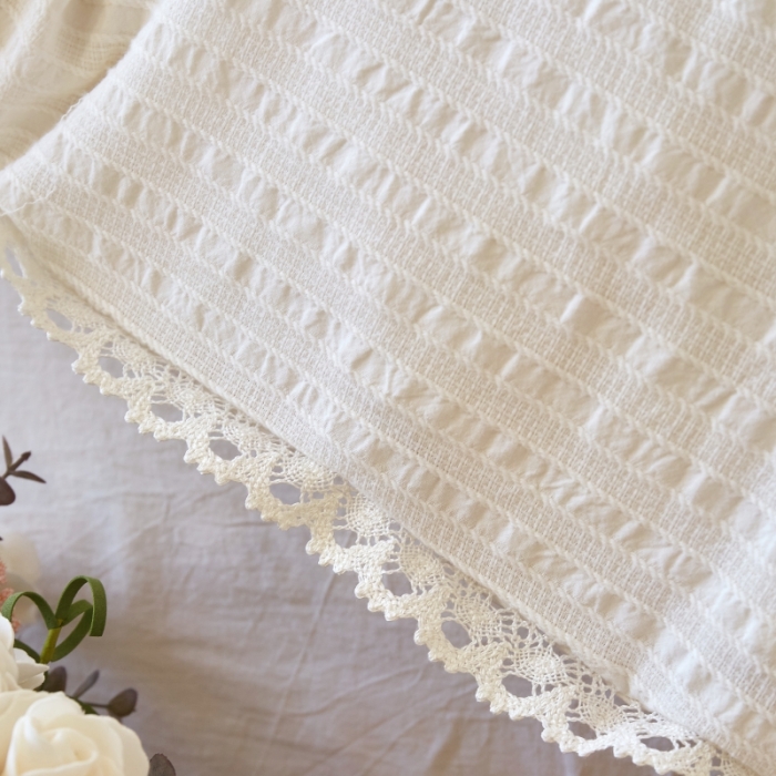 91家纺网 家纺一手货源 找家纺 安莱 2023新款韩式小清新色织水洗棉提花花边四件套 锦瑟 白